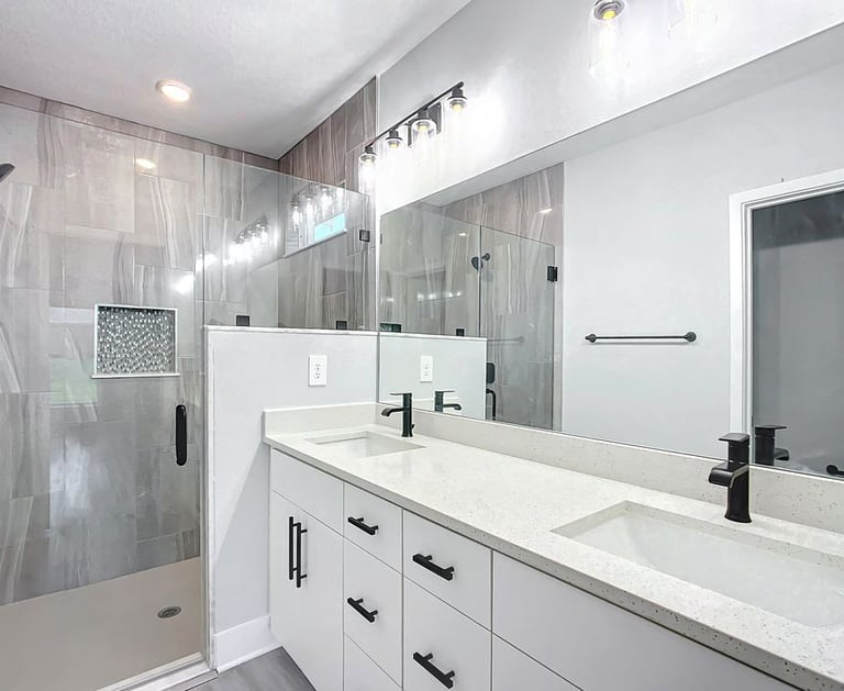 Before and after transformation of outdated bathroom into spa-style retreat with efficient layout an