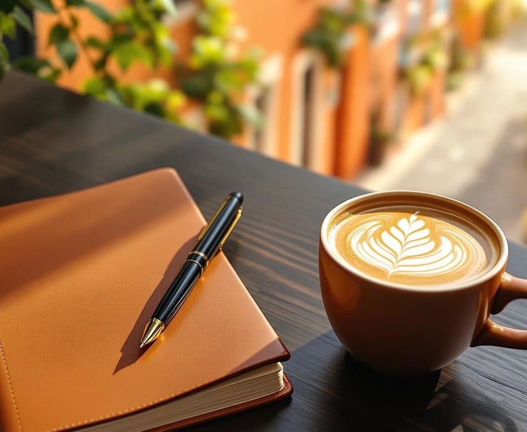 Notebook and coffee on table by window, symbolizing a calm, effective Spanish learning method