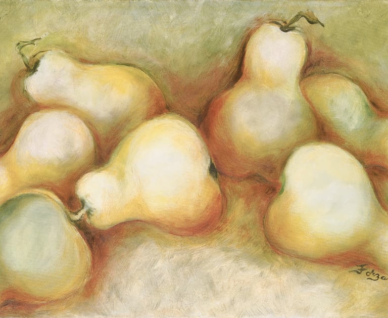 Painting of pears on a table by Sandra Forzani
