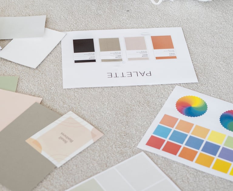 a bunch of color swatches and on a carpet