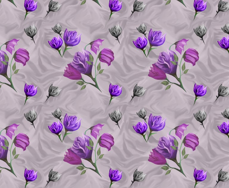 a bunch of purple flowers on a grey satin look background
