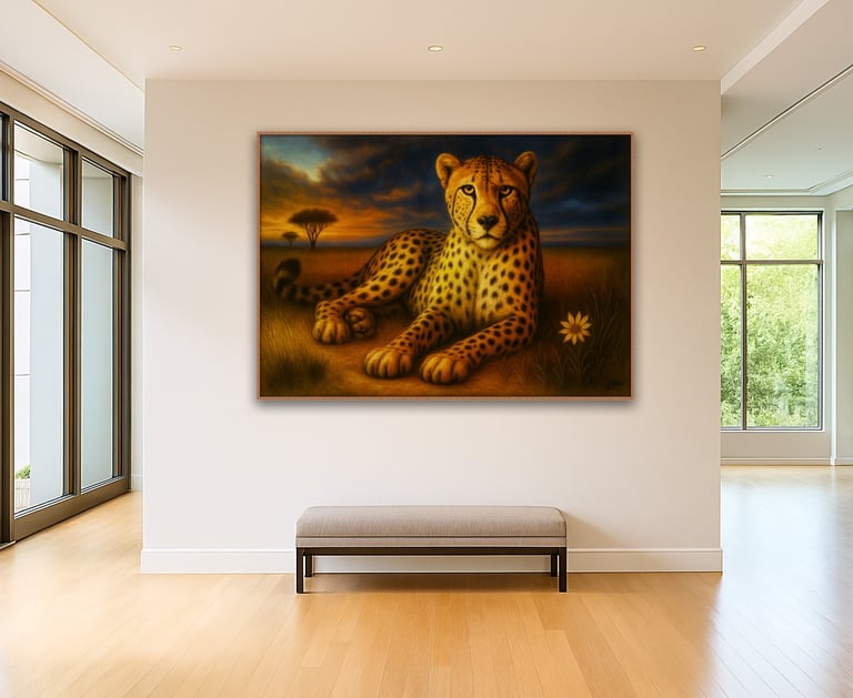 a digital art painting of a cheetah on a gallery wall image.