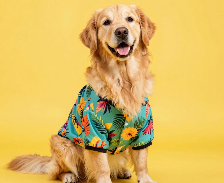 Un perro Golden Retriever feliz que lleva una colorida camisa con estampado floral tropical.