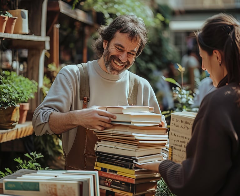Dos personas intercalando una torre de libros