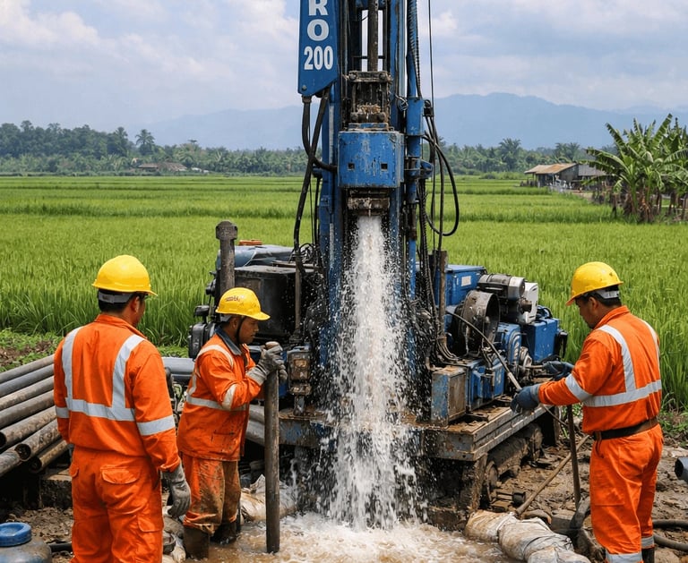 Workers in orange jumpsuits operating a Jacro 200 water well drilling rig in a rural field.