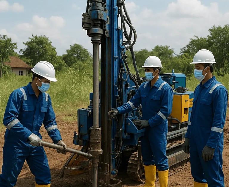 Engineers in safety gear operate a portable drilling rig for groundwater soil sampling.