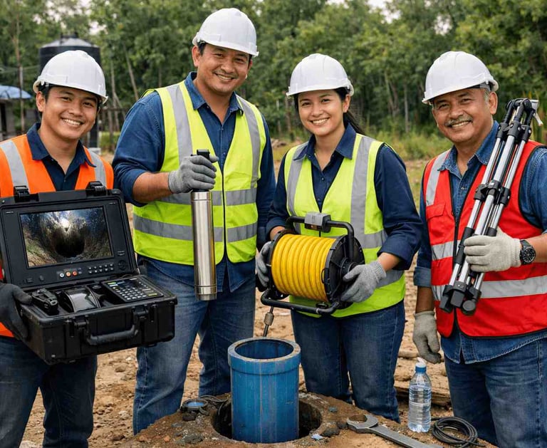 A team of smiling civil engineers in hard hats use a borehole camera and equipment for a ground inspection.