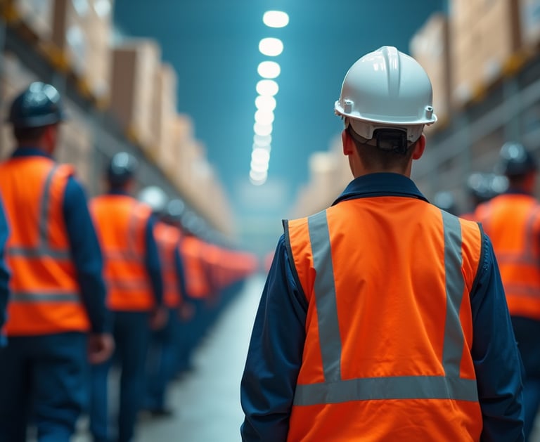 Warehouse workers in safety vests and hard hats standing in a logistics distribution center.