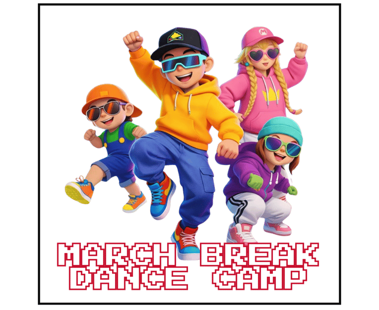 Cartoon kids in streetwear dancing for a March Break Hip Hop Dance Camp flyer with pixel art text.