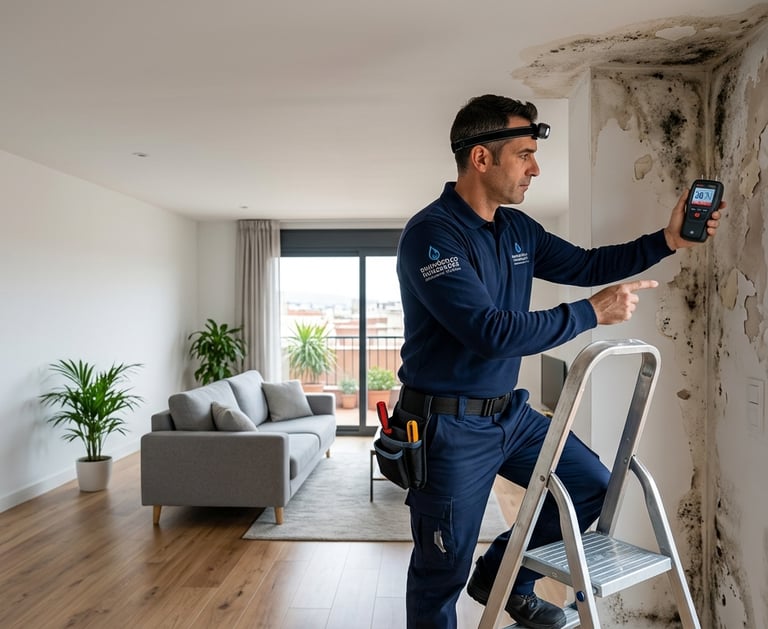 Especialista midiendo humedad por filtración en pared de una vivienda