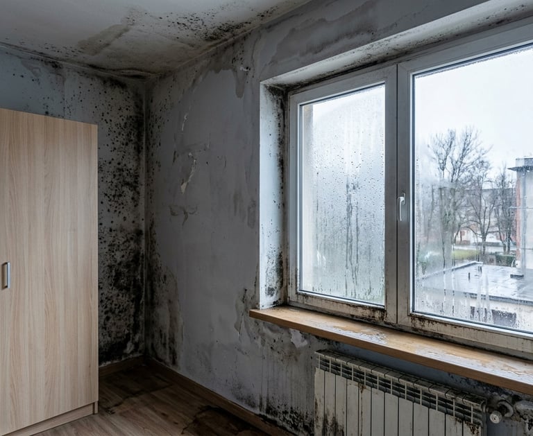 Síntomas de humedad por condensación con moho en pared y ventana con vaho