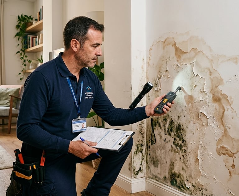 Profesional revisando humedad y moho en pared interior de una vivienda
