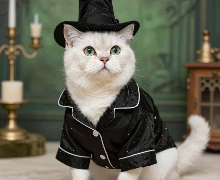 Un gato blanco con pijama y sombrero