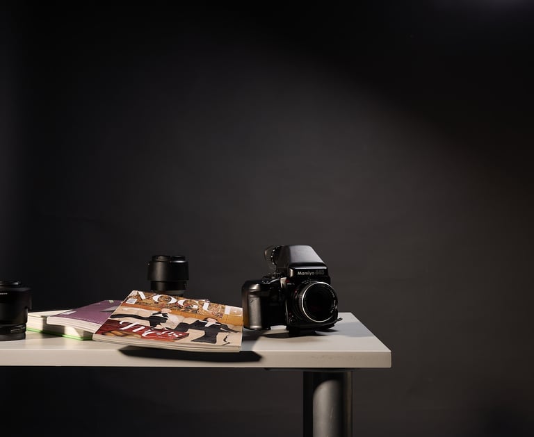 Mamiya 645 film camera and lenses on a desk next to fashion magazines in a studio setting.