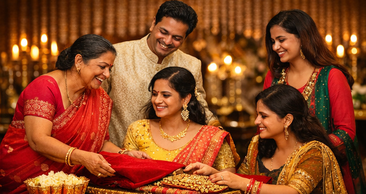 Indian family preparing trousseau gifts for wedding – Delhi NCR traditions