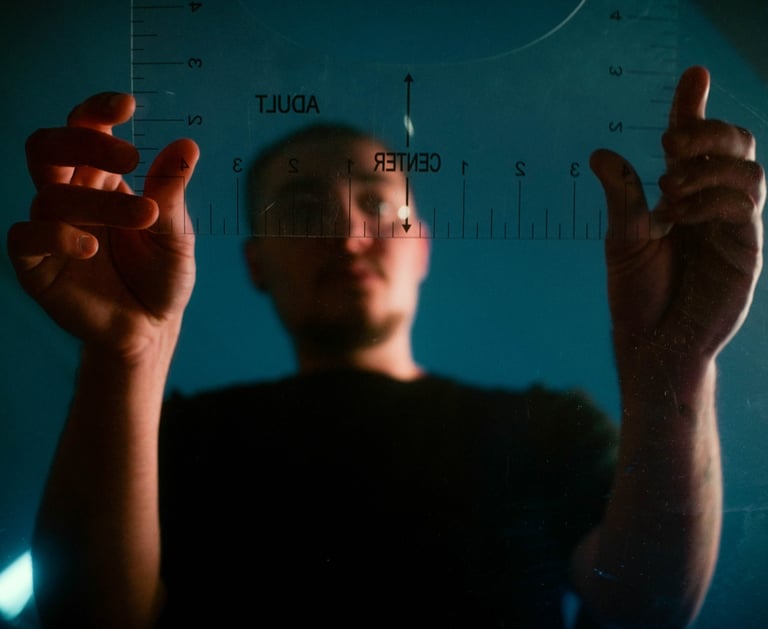 a man holding a ruler and pointing at a ruler