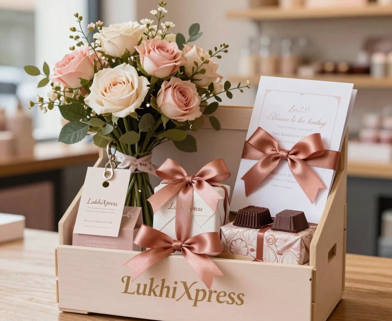 A high-end, detailed product photograph of a premium LukhiXpress handcrafted gift hamper. It features elegant customized keychains, a handmade floral bouquet with delicate roses, custom-wrapped chocolates, and sophisticated greeting cards tied with a luxurious terracotta pink satin ribbon. The scene is shot in a warm boutique interior under soft natural light, reflecting a cozy Pinterest aesthetic. Soft pastels and warm wooden tones create an inviting, artisanal, and highly sophisticated atmosphere. Real-world photography, 8k resolution.