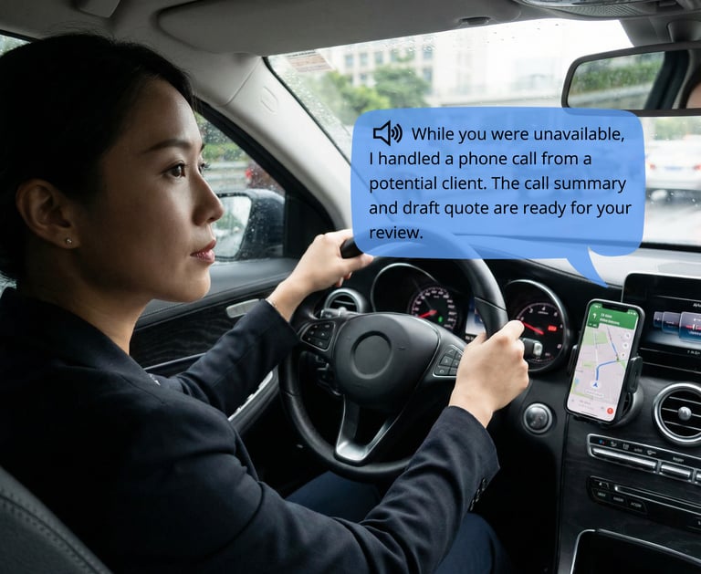 Focused entrepreneur driving with assistant giving business update