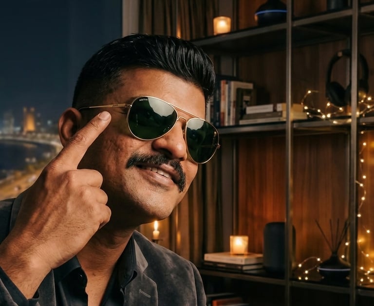 A stylish man with a mustache wearing gold-framed aviator sunglasses and a velvet blazer.