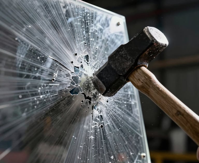 Macro close-up of a clear polycarbonate panel resisting a heavy sledgehammer blow, showing localized surface scuffing but zero structural cracking or penetration, high-contrast industrial lighting