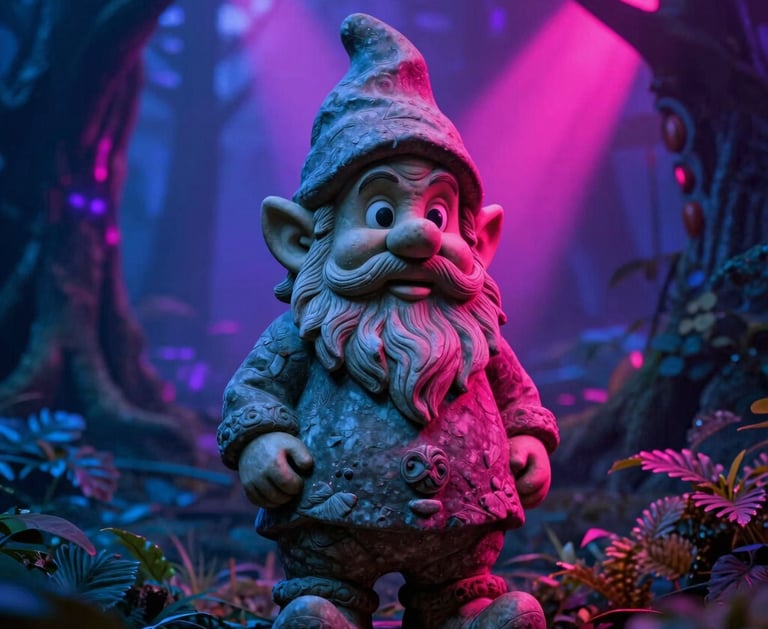 A detailed studio photograph of a classic stone forest gnome statue in the whimsical artistic style of an animated show. The gnome has a pointed hat and a full beard, reminiscent of folklore. The statue is situated in a dark forest setting, captured with dramatic 1980s synthwave style lighting with brilliant streams of vibrant neon pink and glowing neon purple illumination slicing through the mist and foliage. Rich dark blue shadows and vibrant retro colors evoke an ancient mystery vibe. Global / North American setting.