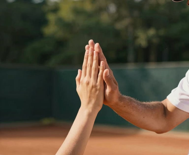 A close-up of a tennis coach demonstrating a grip to a student on a clay court, soft natural daylight, shallow depth of field, forest green background.