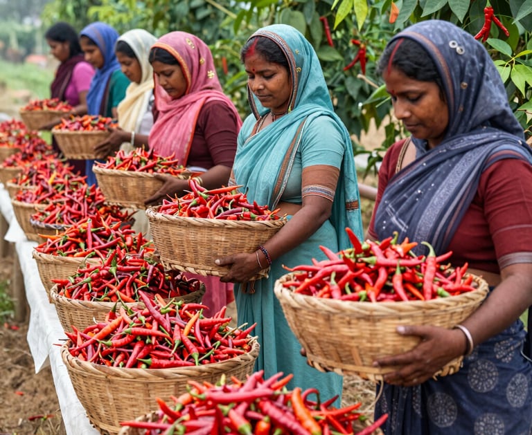 Close-up of vibrant Indian spices being handpicked in a sunlit field.