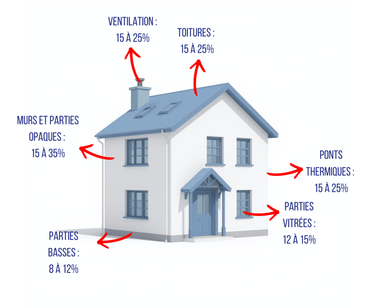 schéma des déperditions énergétiques sans Isolation par Extérieur