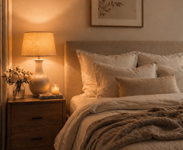 Cozy neutral bedroom with layered bedding and warm lighting