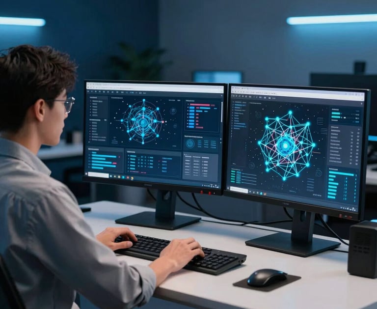 A modern, sleek tech editorial newsroom in Jakarta, Indonesia / Southeast Asian Tech Scene. A professional editor in modern attire is working at an ergonomic workstation with sleek dual monitors displaying artificial intelligence analytics and neural network visualization graphics. The atmospheric studio has ambient bright blue and cyan highlights with a clean dark midnight blue backdrop. Cinematic lighting, sharp focus, editorial photography style.