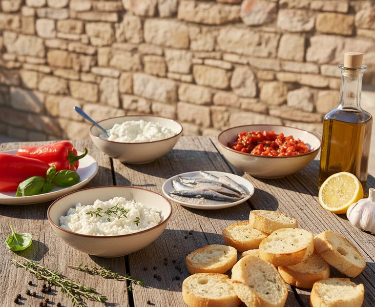 Mediterranean appetizers with crostini, fresh ricotta cheese, red peppers, and olive oil on a wooden table.