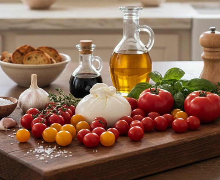 Fresh burrata cheese on a wooden board with cherry tomatoes, basil, and olive oil for an Italian appetizer.
