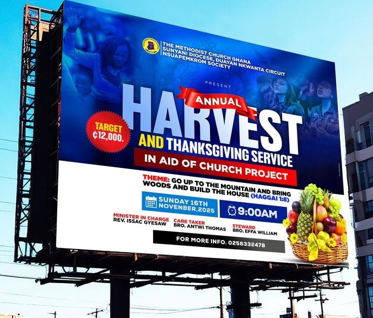 Large outdoor billboard advertising The Methodist Church Ghana annual harvest and thanksgiving service event.