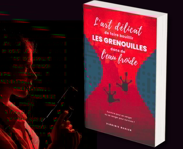 Femme menaçante avec une arme à la main, fond noir et image prom d'un roman thriller