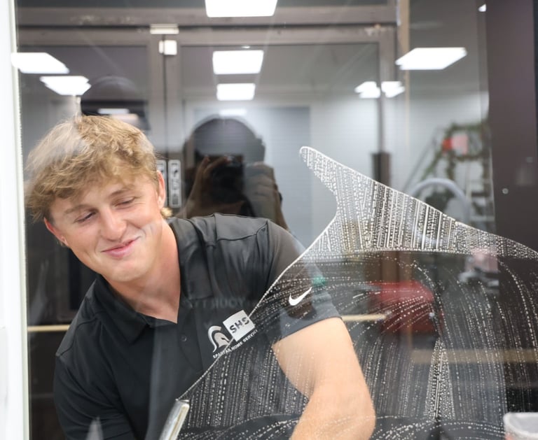 kyler using a squeegee method to clean a window
