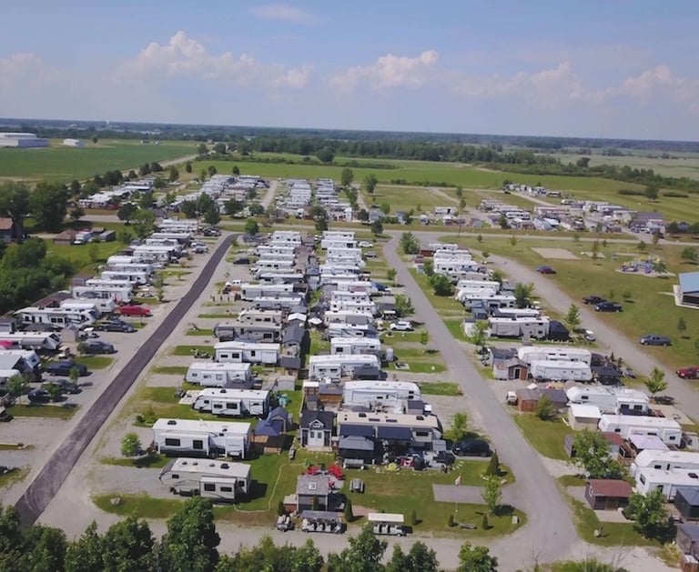 RV resort and campground with rows of travel trailers and motorhomes.
