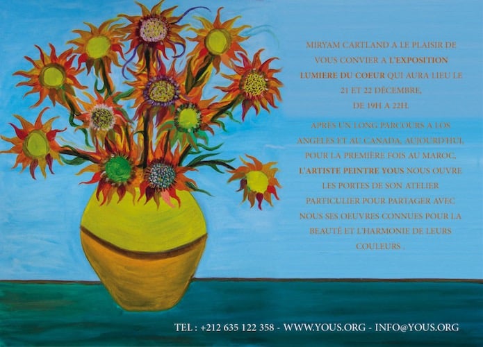 a painting of a vase with flowers in a vase flyer Lumiere du Coeur Exposition by artist Yous