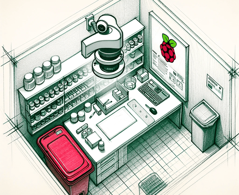 a kitchen with a red suitcase and a red suitcase