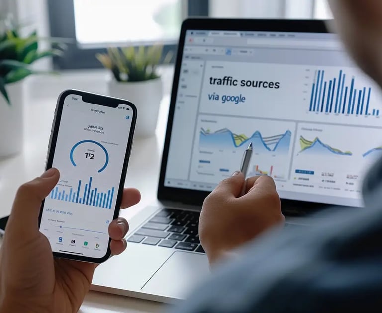 Profesional analizando métricas SEO en un smartphone y computadora portátil, destacando la importancia de la optimización móv