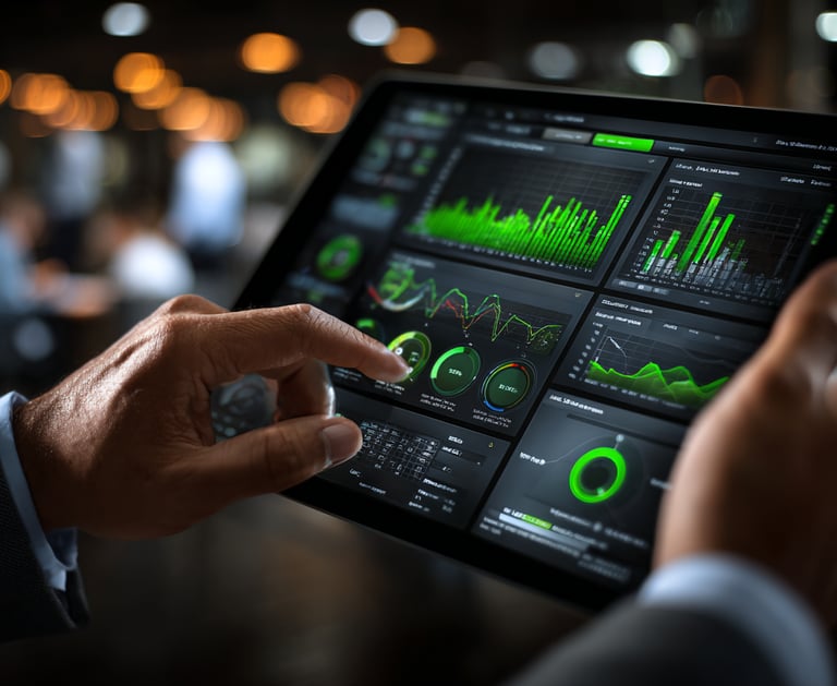 Tablet mostrando un cuadro de mando (dashboard) de Business Intelligence con gráficos de rendimiento