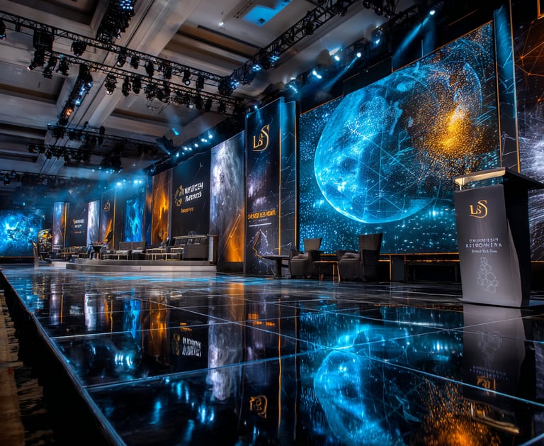 Escenario de conferencia internacional de alto nivel con pantallas mostrando visualización de datos 