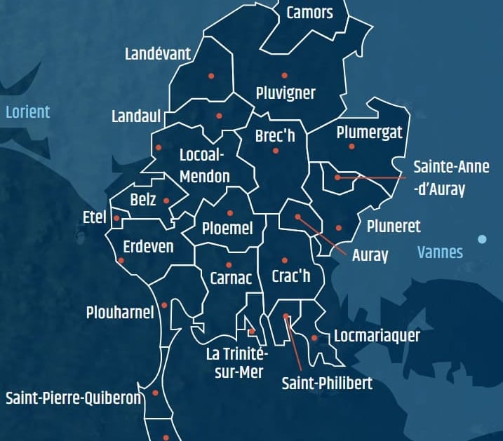 Carte des communes couvertes par Betty Papail : Auray, Pluneret, Brec'h, Crach, Le Bono, Ploeren