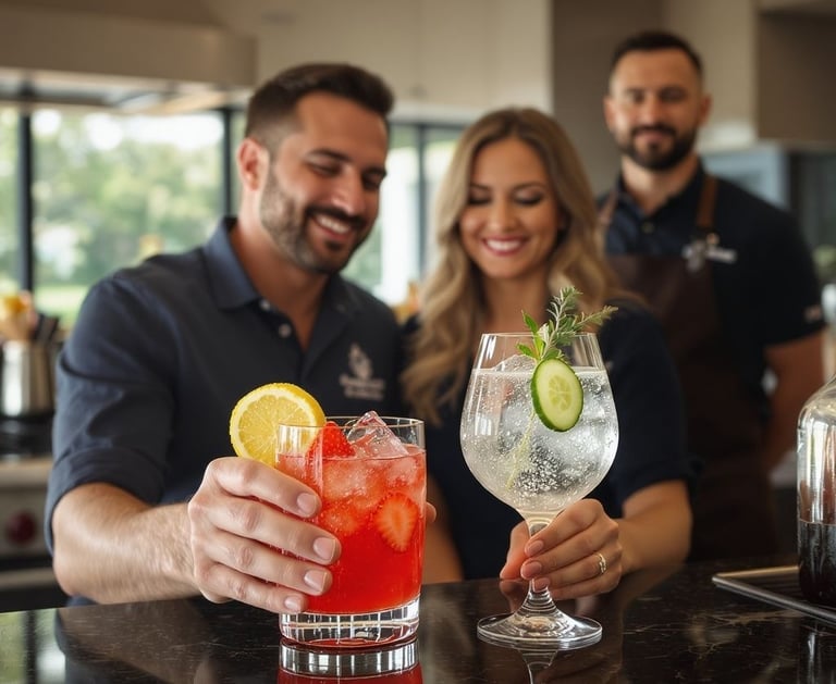 Degustação exclusiva de drinks para open bar de casamento com casal experimentando coquetéis