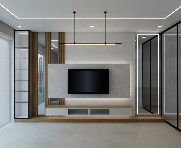a modern living room with a flat screen tv