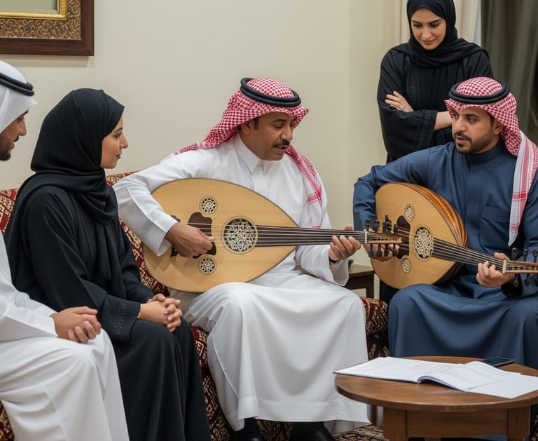 Local musician teaching an oud class as part of a cultural event in Saudi Arabia hosted via LeWhdk