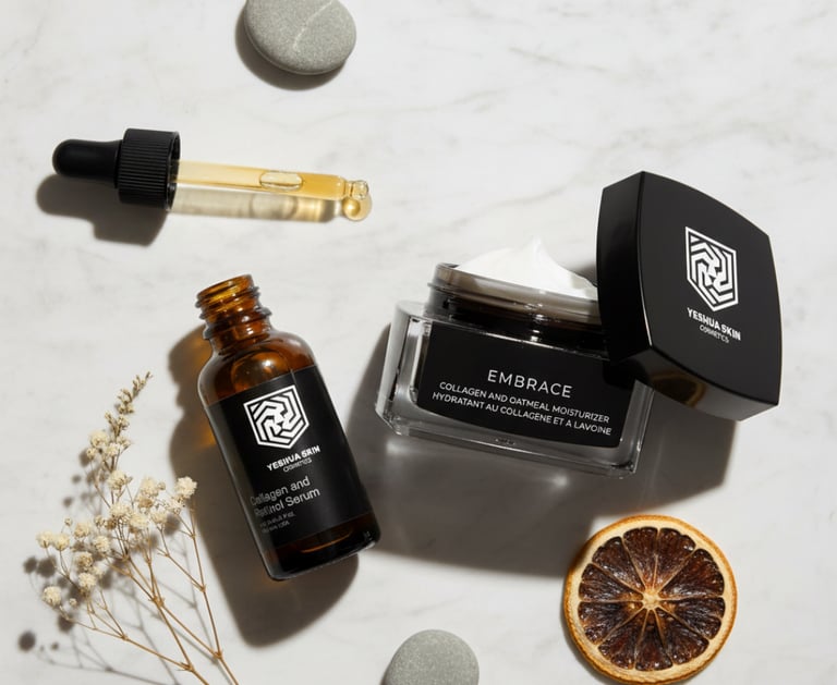 Yeshua Skin collagen and retinol serum with oatmeal moisturizer on a marble surface.