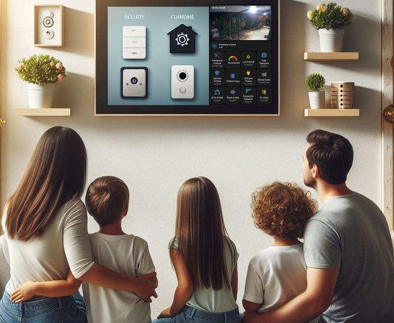 Familia tranquila observando su control de casa