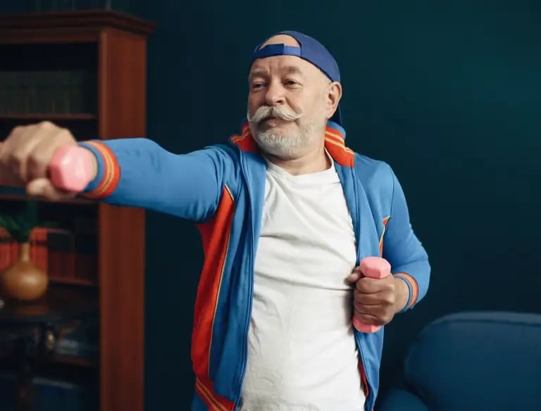 Treino para idoso de fortalecimento muscular com um personal trainer na sua casa