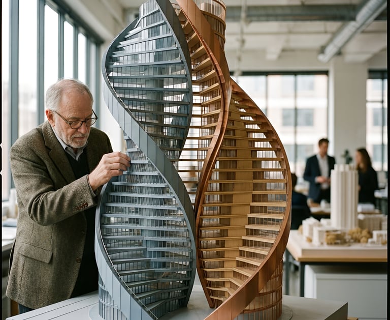 Architect building a double helix building model for new Brand Genome offices.