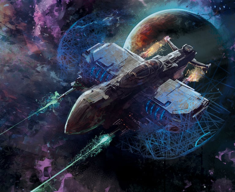 A spaceship firing its plasma cannons in front of a planet
